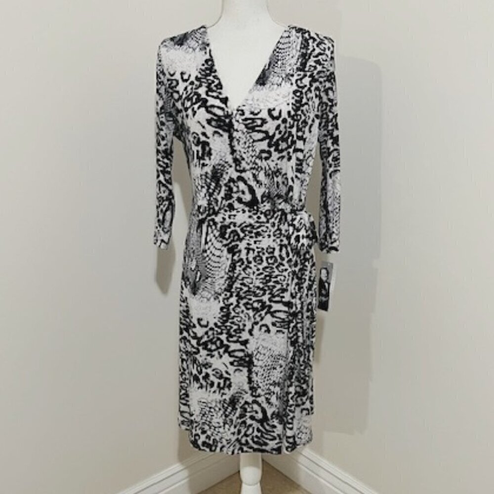 Peter Nygard Black and White Animal Print Surplice Faux Wrap Dress Size M - Picture 1 of 6